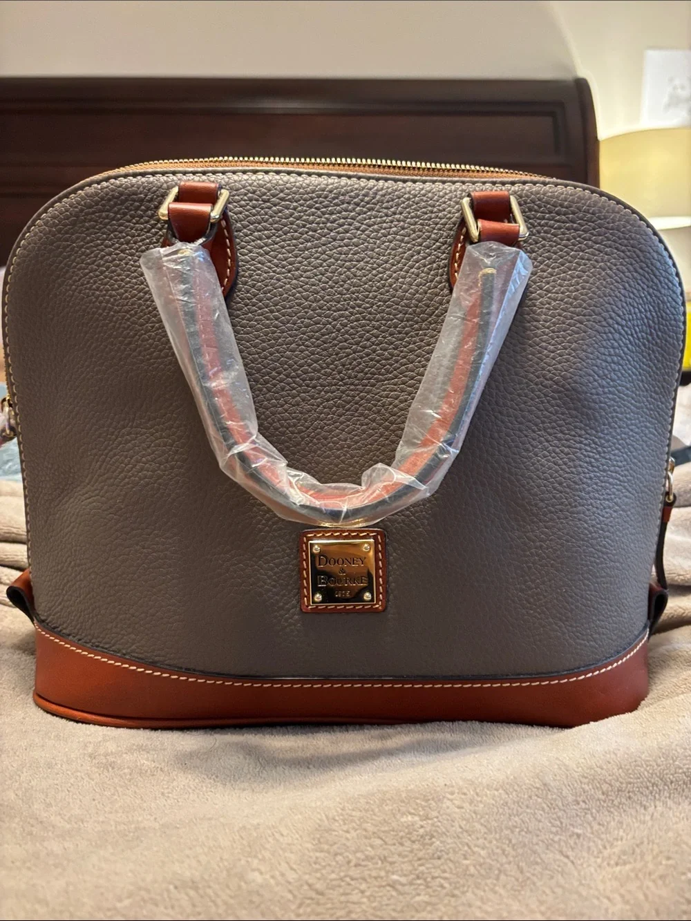 New Dooney & Bourke Gray Satchel with Brown Trim and Gold Hardware